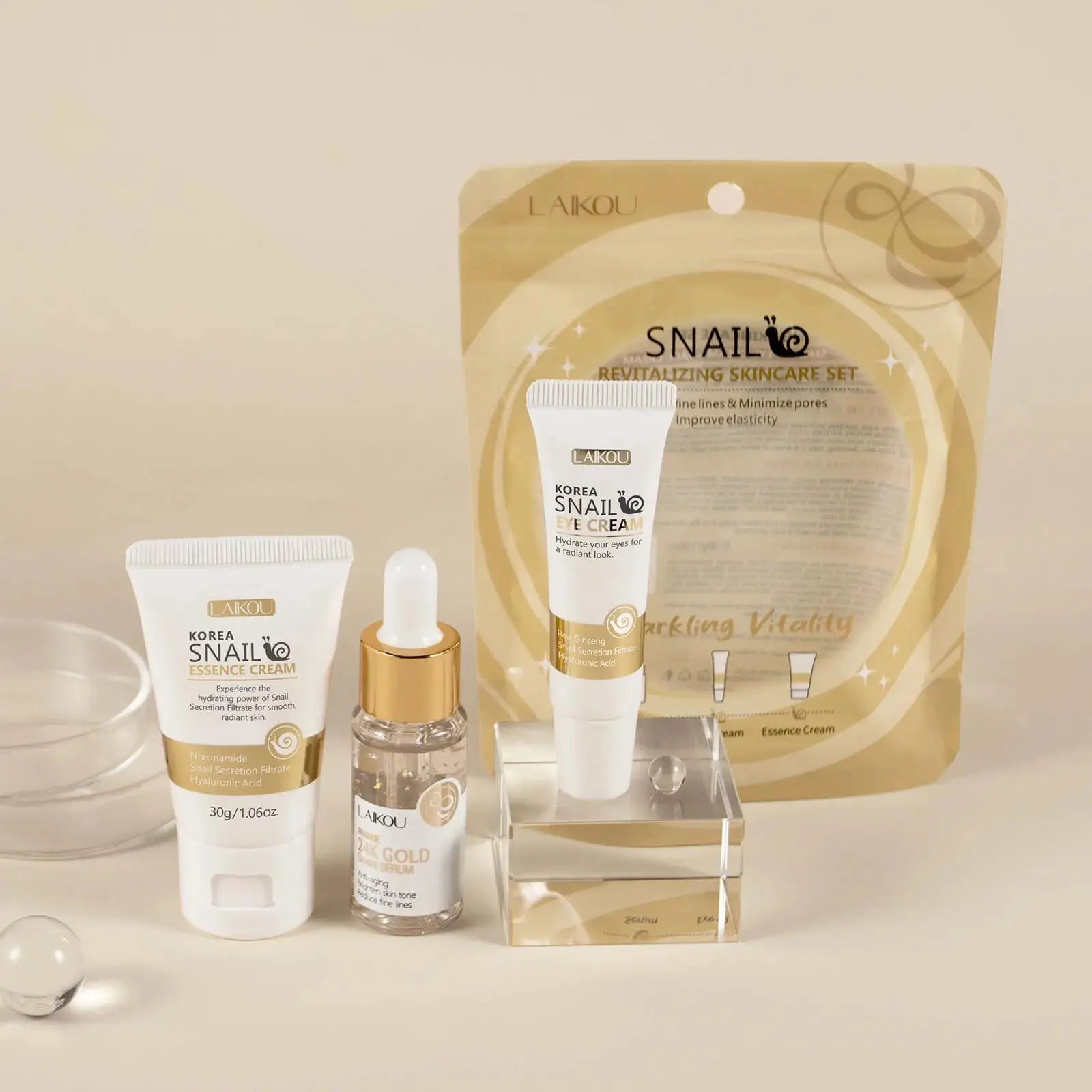Luxury Skincare Essence - 24Kゴールドスネイルリペアセラムアイクリームエッセンスセット 保湿、小じわを滑らかに、毛穴を小さくする 高級スキンケア